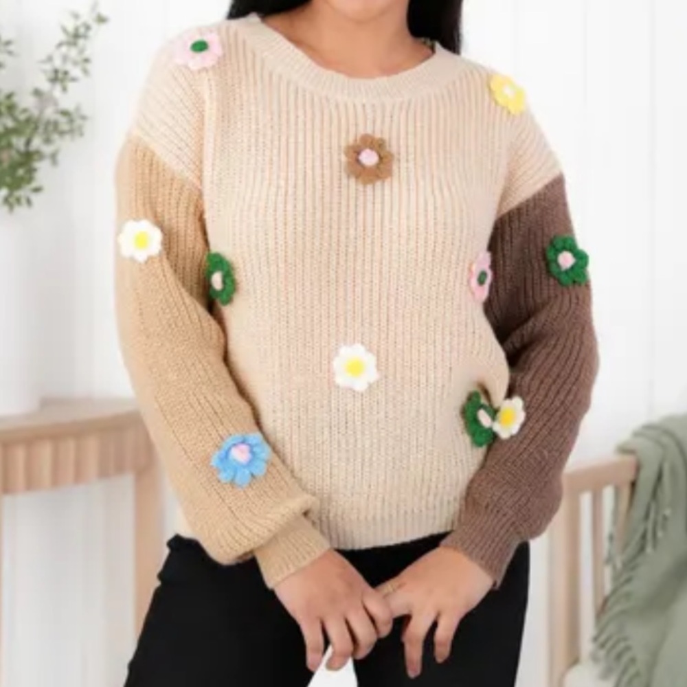 BiBi Color Block Long Sleeve Sweater with Floral Crochet Patch Detail Sz…